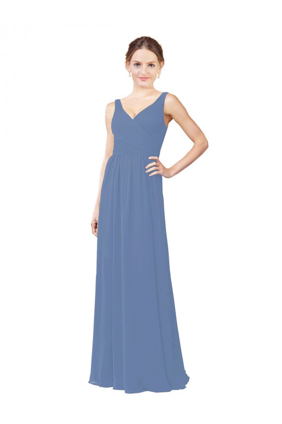 Windsor Blu Tubino Scollatura a V Chiffona Lunga Abiti da damigella donore Basso Prezzo